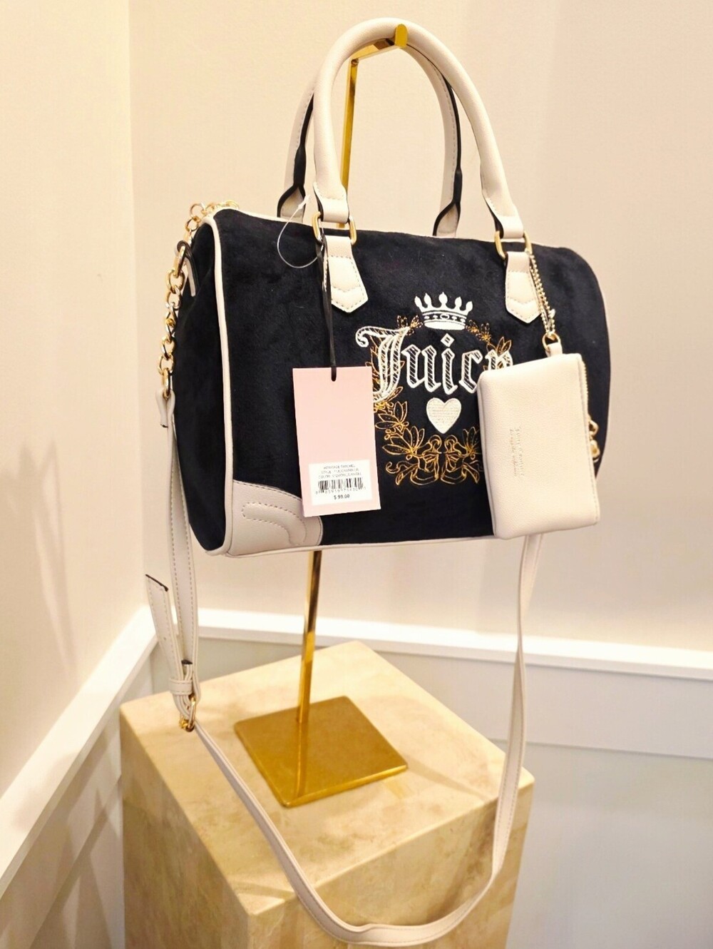 NWT Juicy Couture Heritage Satchel Crossbody Bag Wallet Black Cream Velour Y2K